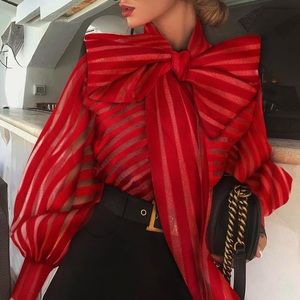 Red stripe tie ribbon blouse